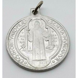 Catholic St. Benedict Holy Medal Pendant Charm Silver Tone Metal CSPB Vintage